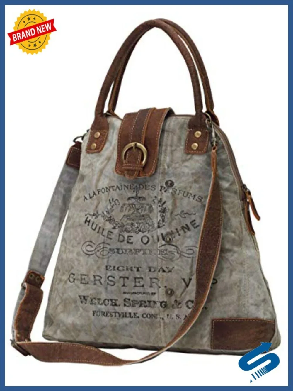 Upcycled Canvas Shoulder Bag with Leather Accents - 16